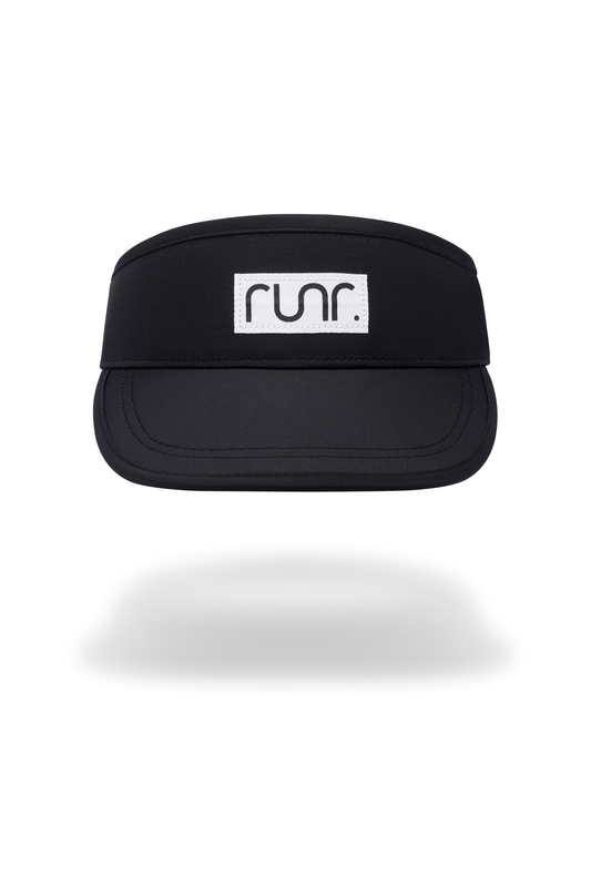 Black technical running visor with Runr logo patch, curved brim and fabric top