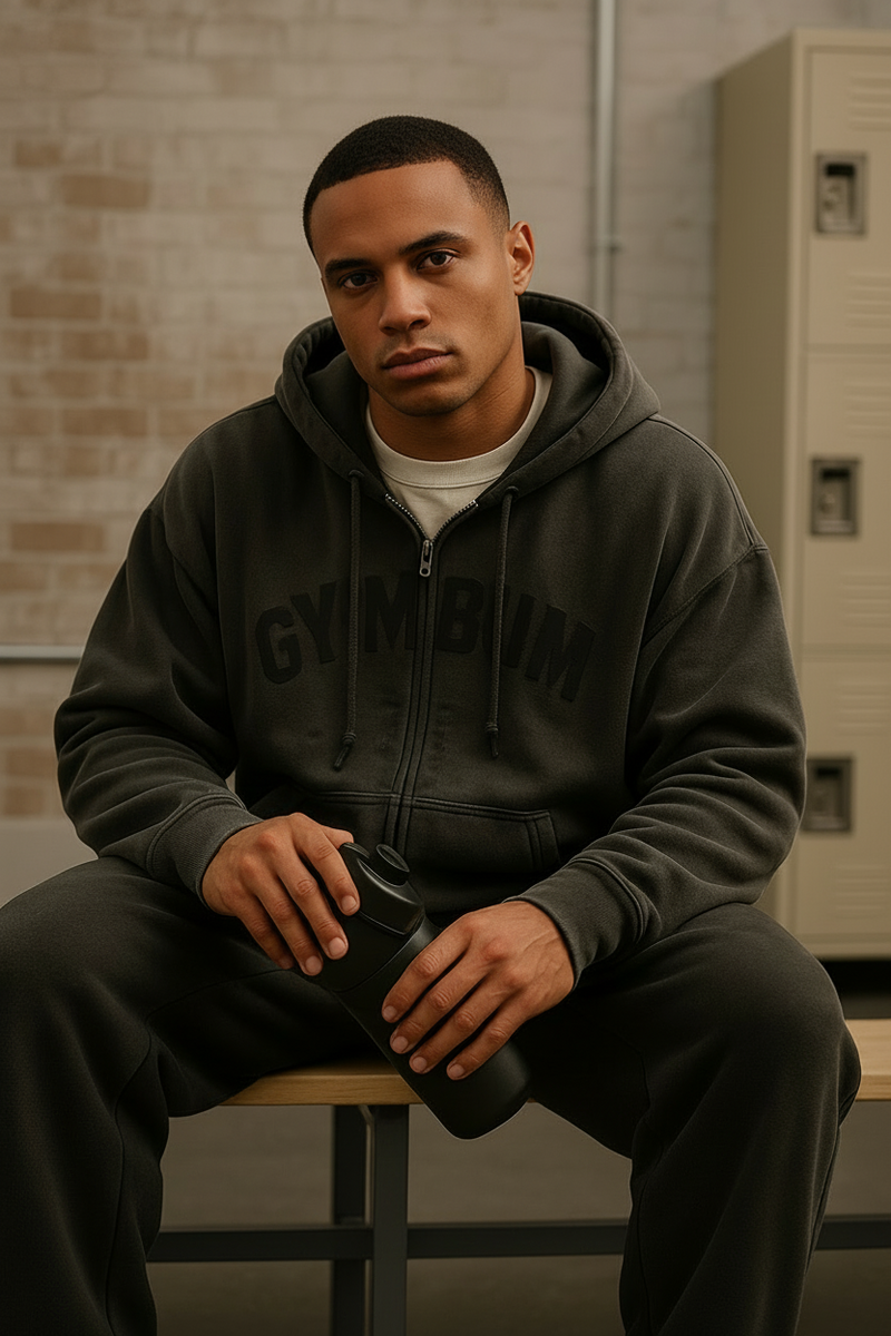 Person wearing a dark hoodie and cap sitting on a bench with a locker in the background.