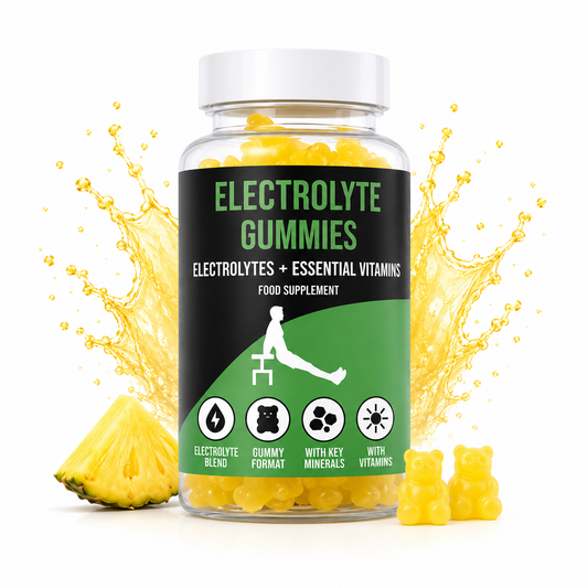 Pineapple electrolyte gummies jar with yellow gummy pieces