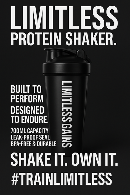 Black protein shaker bottle with bold Limitless branding and workout slogan