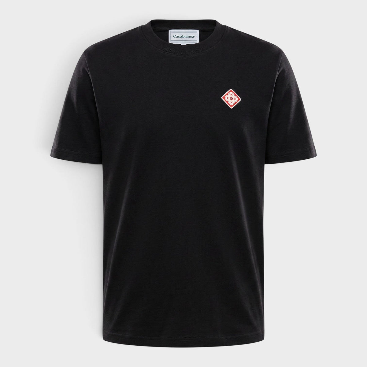 Black crew-neck T-shirt with small diamond patch logo on the chest