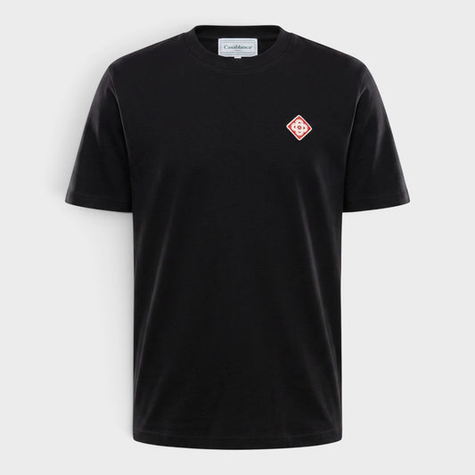 Black crew-neck T-shirt with small diamond patch logo on the chest