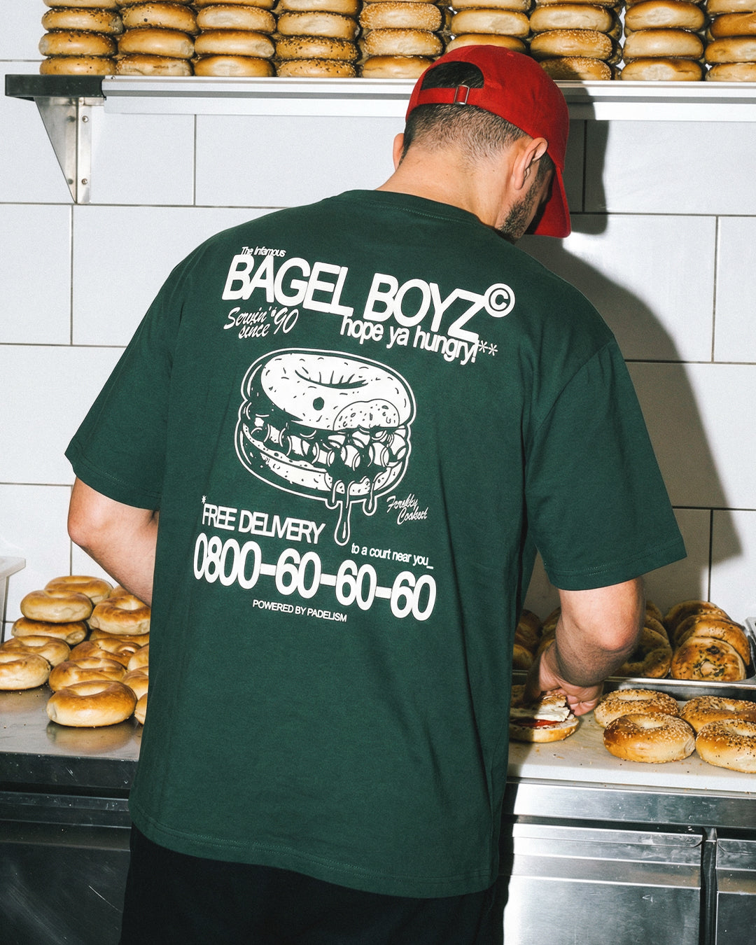 Heavyweight T-shirt in dark green with Bagel Boyz back graphic and phone number