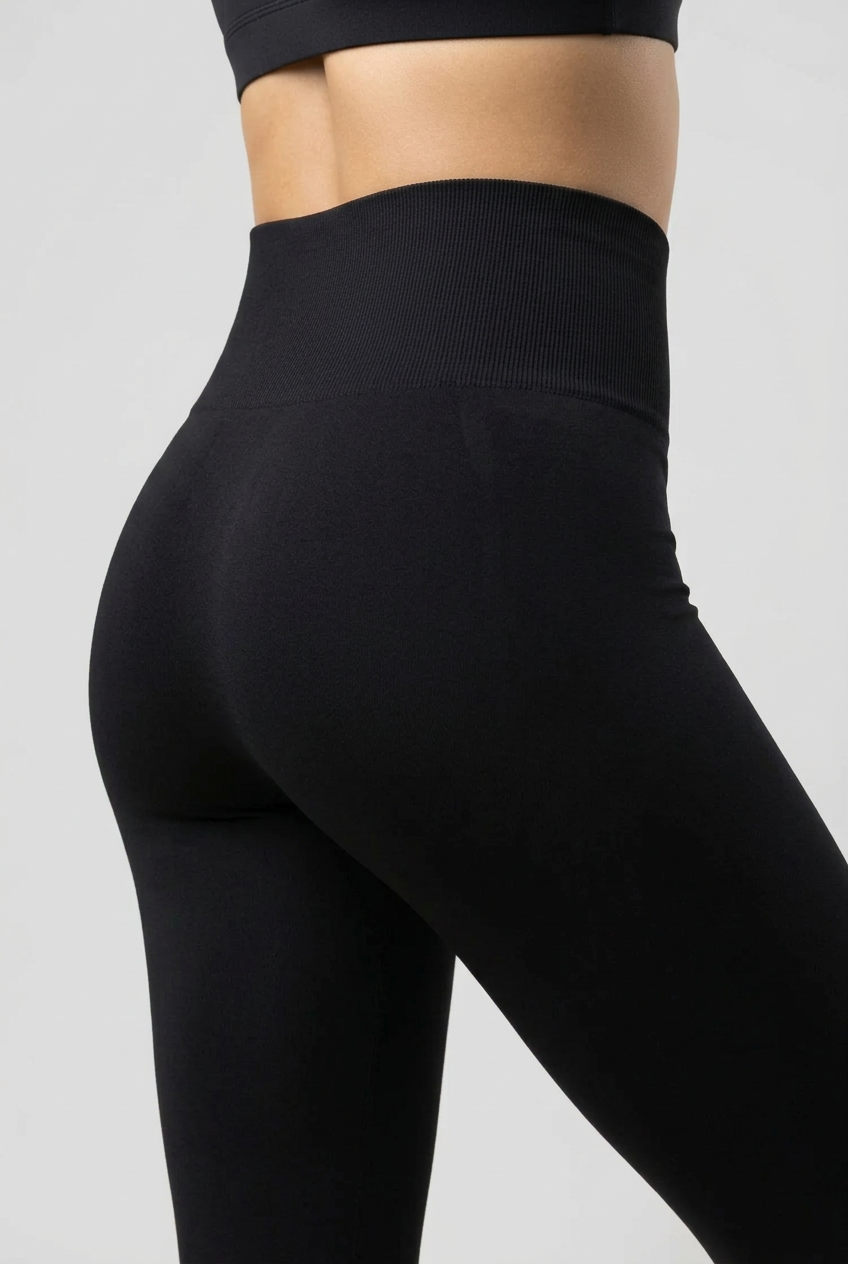 Close-up of a model wearing black high-waisted leggings, showing the side and back fit against a plain light background.