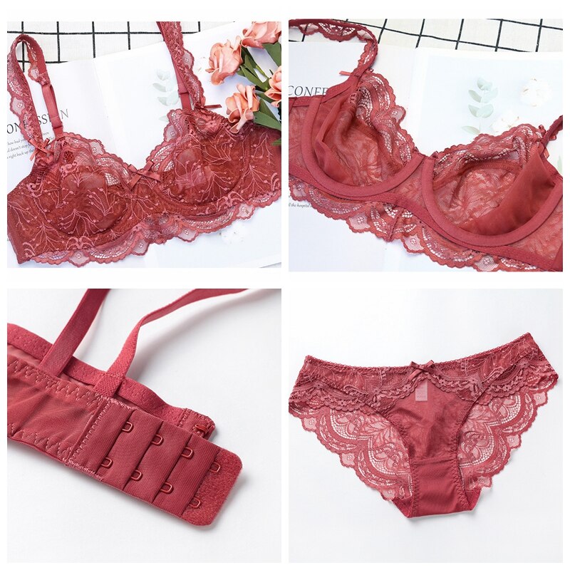 Red lace sheer bra and panty set detail: bra straps, hook-and-eye band, lace panty