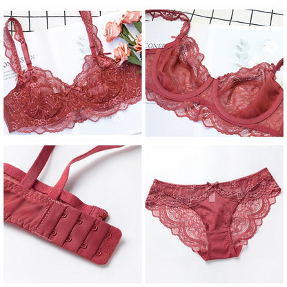 Red lace sheer bra and panty set detail: bra straps, hook-and-eye band, lace panty