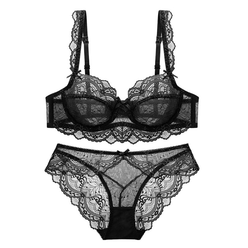 Black lace sheer bra and lace panty set with underwire cups and scalloped edges