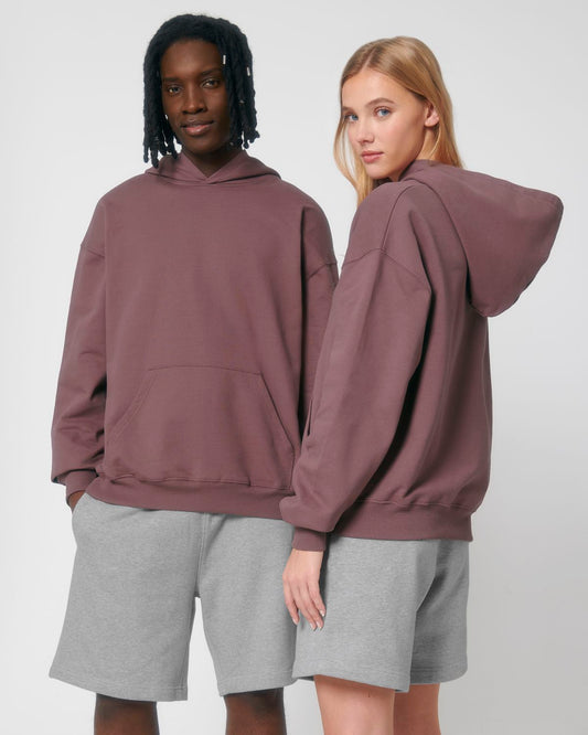 Unisex boxy heavy hooded sweatshirt in dusty mauve, with front kangaroo pocket.