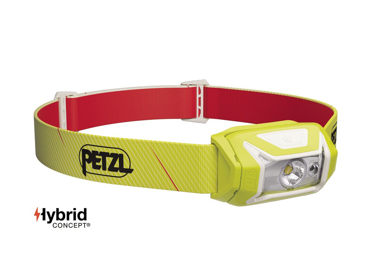 Red and green Petzl headlamp with neon accents, adjustable strap and side LED lens