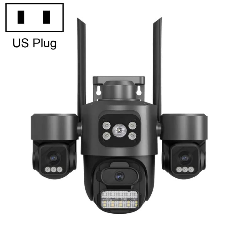 Wi‑Fi PTZ security camera with triple lenses and US plug, black housing.