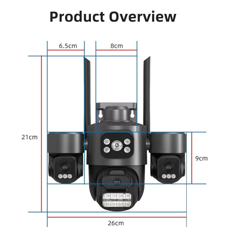Triple-lens PTZ security camera front view with labeled height and width.