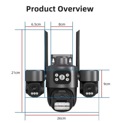 Triple-lens PTZ security camera front view with labeled height and width.