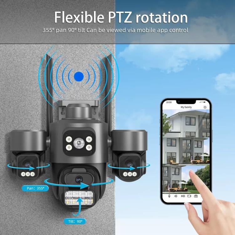 ICSee triple-lens PTZ security camera with mobile app control, dual antennas, black.