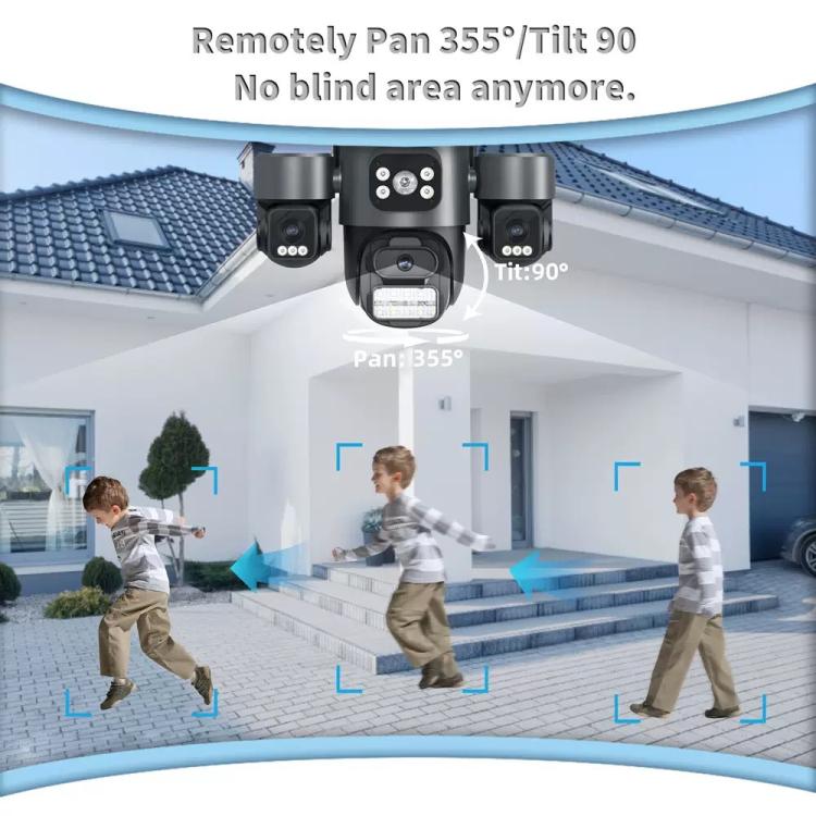 ICSee triple-lens PTZ security camera with 355° pan and 90° tilt, black.