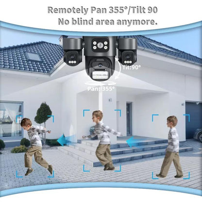 ICSee triple-lens PTZ security camera with 355° pan and 90° tilt, black.