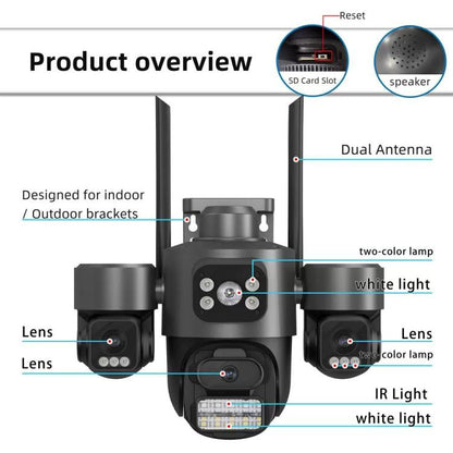 ICSee PTZ security camera with SD card slot, speaker, dual antennas, black.
