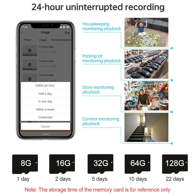 ICSee PTZ security camera app showing playback and storage options, black.