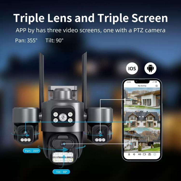 Triple-lens PTZ security camera with two antennas, shown with smartphone preview.
