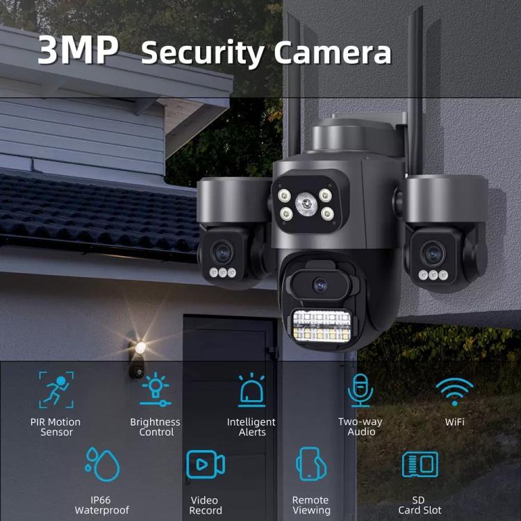 3MP PTZ security camera with triple lenses and spotlight, side sensor modules.