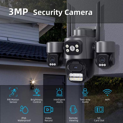3MP PTZ security camera with triple lenses and spotlight, side sensor modules.