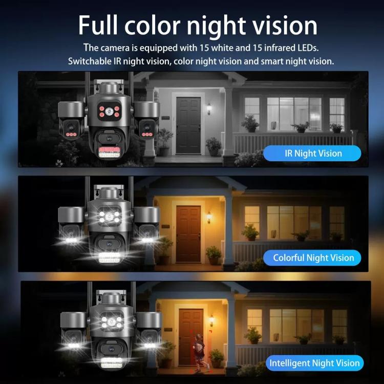 Triple-lens security camera with multiple LEDs for full-color night vision.