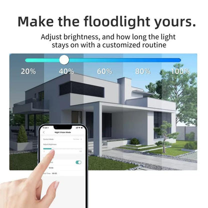 PTZ security camera with adjustable floodlight, shown with brightness settings.