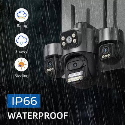Weatherproof PTZ security camera with triple lenses, IP66 rating icon.