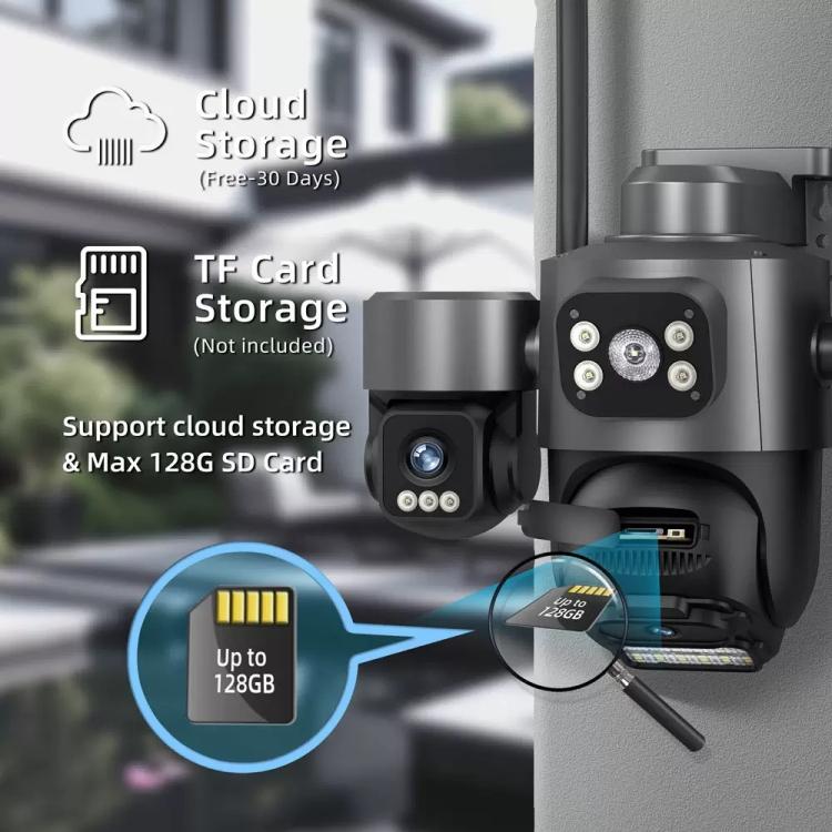 PTZ security camera with TF card slot and up to 128GB storage indicator.