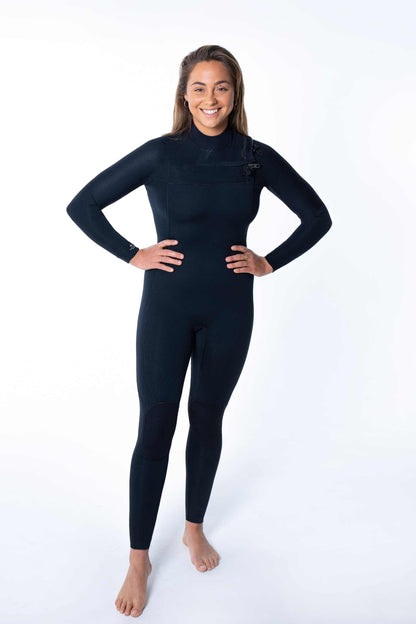 Women’s 3/2mm chest-zip steamer wetsuit, dark navy full-body with long sleeves