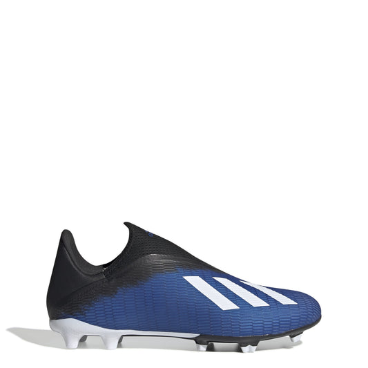 Blue and black football boot with white Adidas-style stripes and FG studs