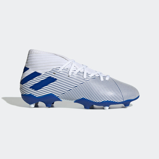 Kids white and blue striped football boots with lace-up closure and FG studs