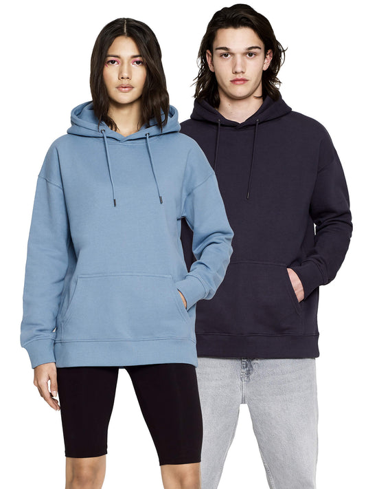 Unisex dropped-shoulder hoodies, light blue and dark navy, with drawstring hood