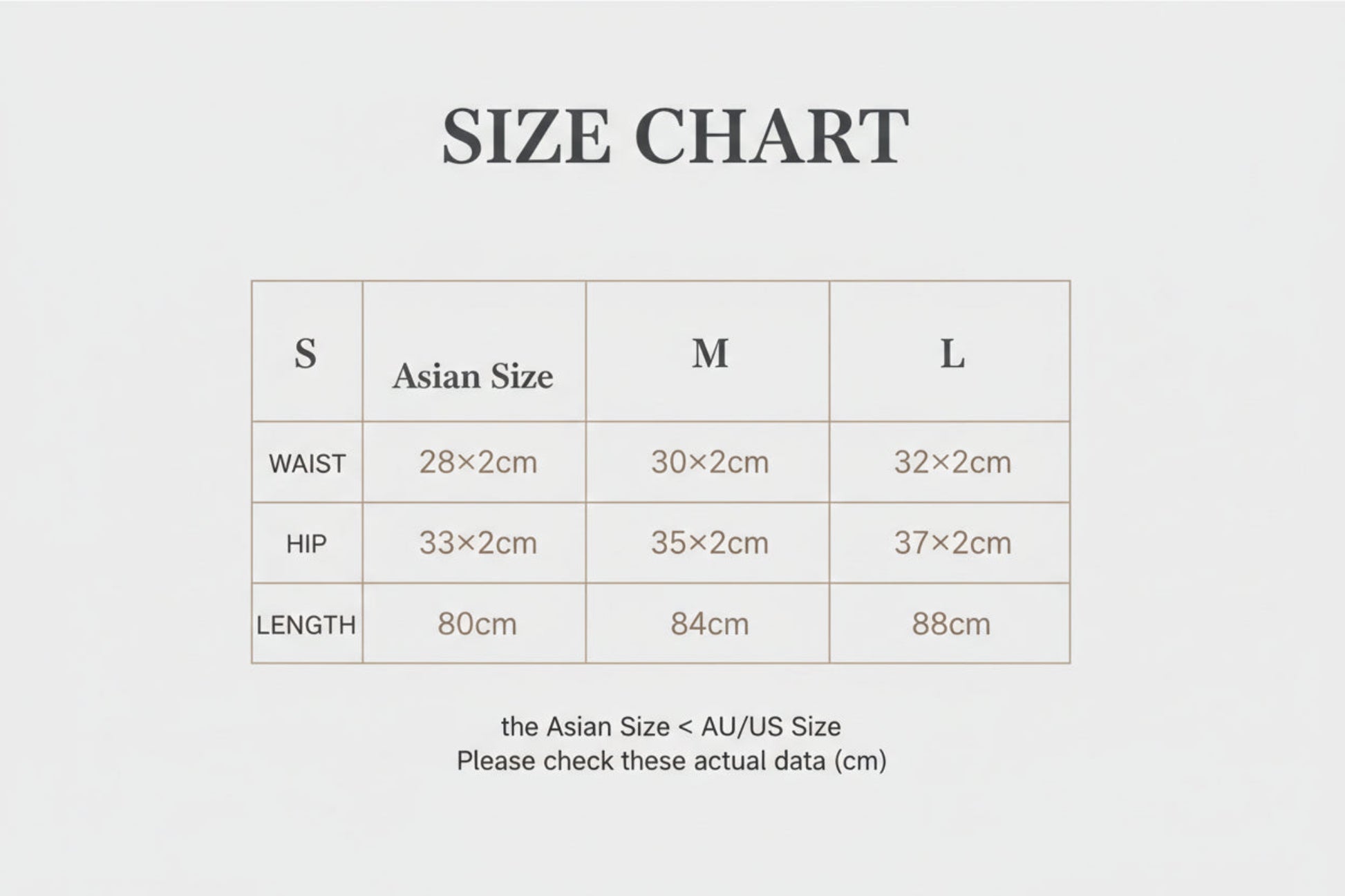 Size chart for clothing measurements in centimeters