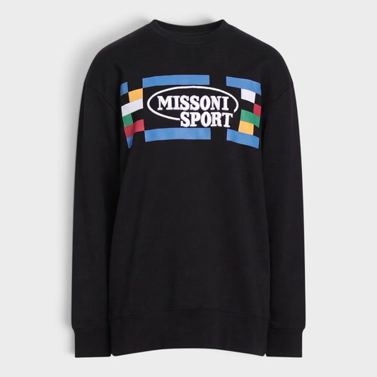 Black crewneck sweatshirt with multicolour MISSONI SPORT logo patch on chest