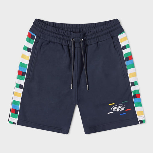 Navy jersey shorts with elastic waistband, drawstring, multicolor side stripe, logo patch