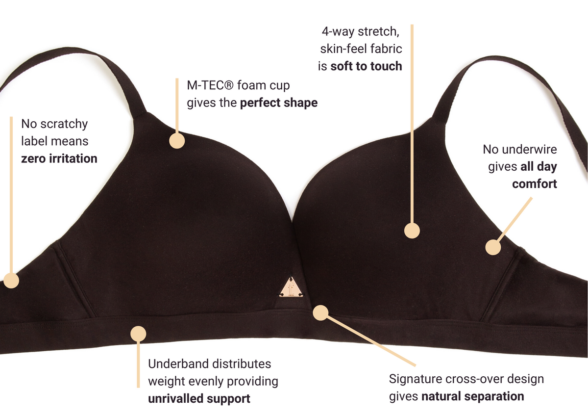 Black bra design with front crossover straps and supportive wide underband