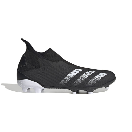 Black football boot with white midfoot stripes and FG studs