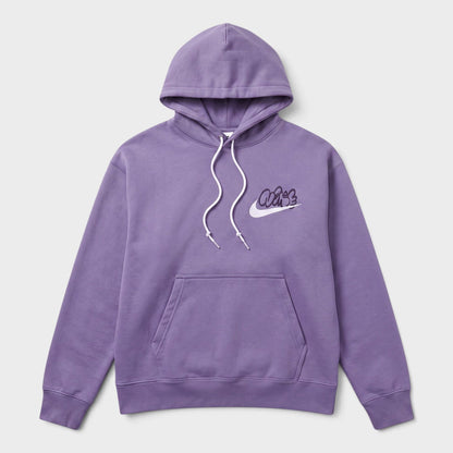 Purple graphic pullover hoodie with drawstring hood and front kangaroo pocket