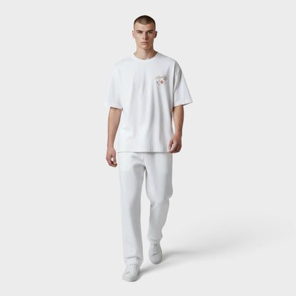White T-shirt with small tennis club logo on chest, crew neck short sleeves