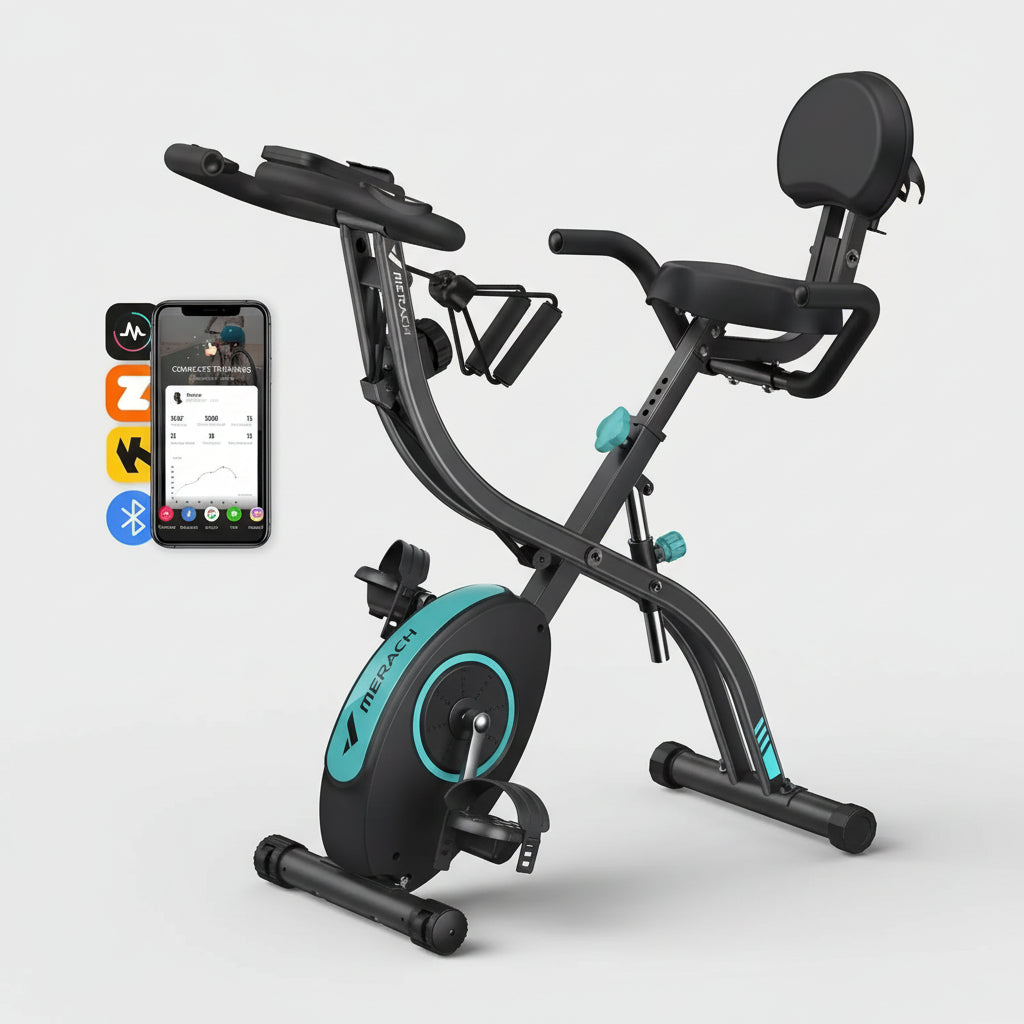 Exercise bike with smartphone displaying workout app on a white background
