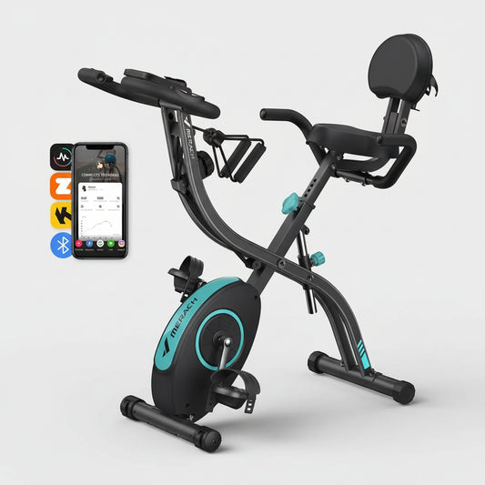 Exercise bike with smartphone displaying workout app on a white background
