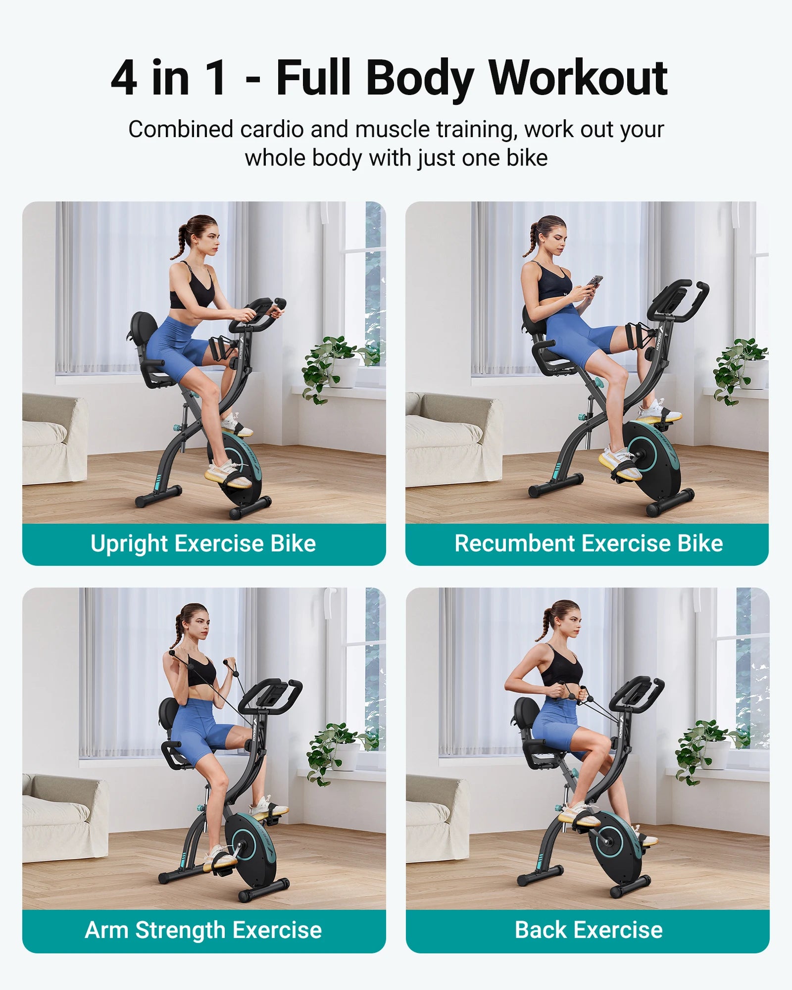 Exercise bike with multiple functions for full body workout in a home setting.