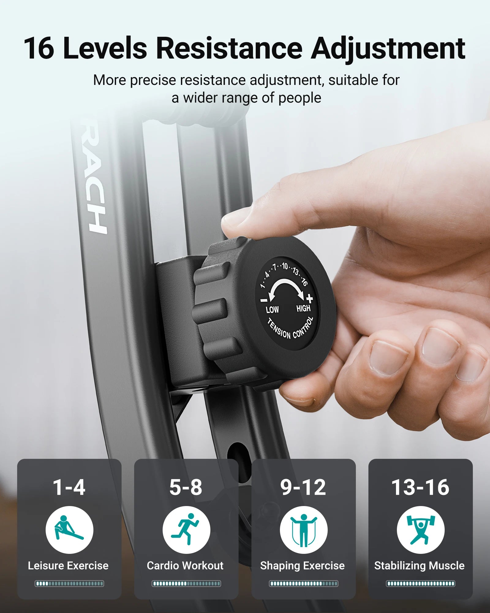 Resistance adjustment dial on a piece of exercise equipment with labeled resistance levels.
