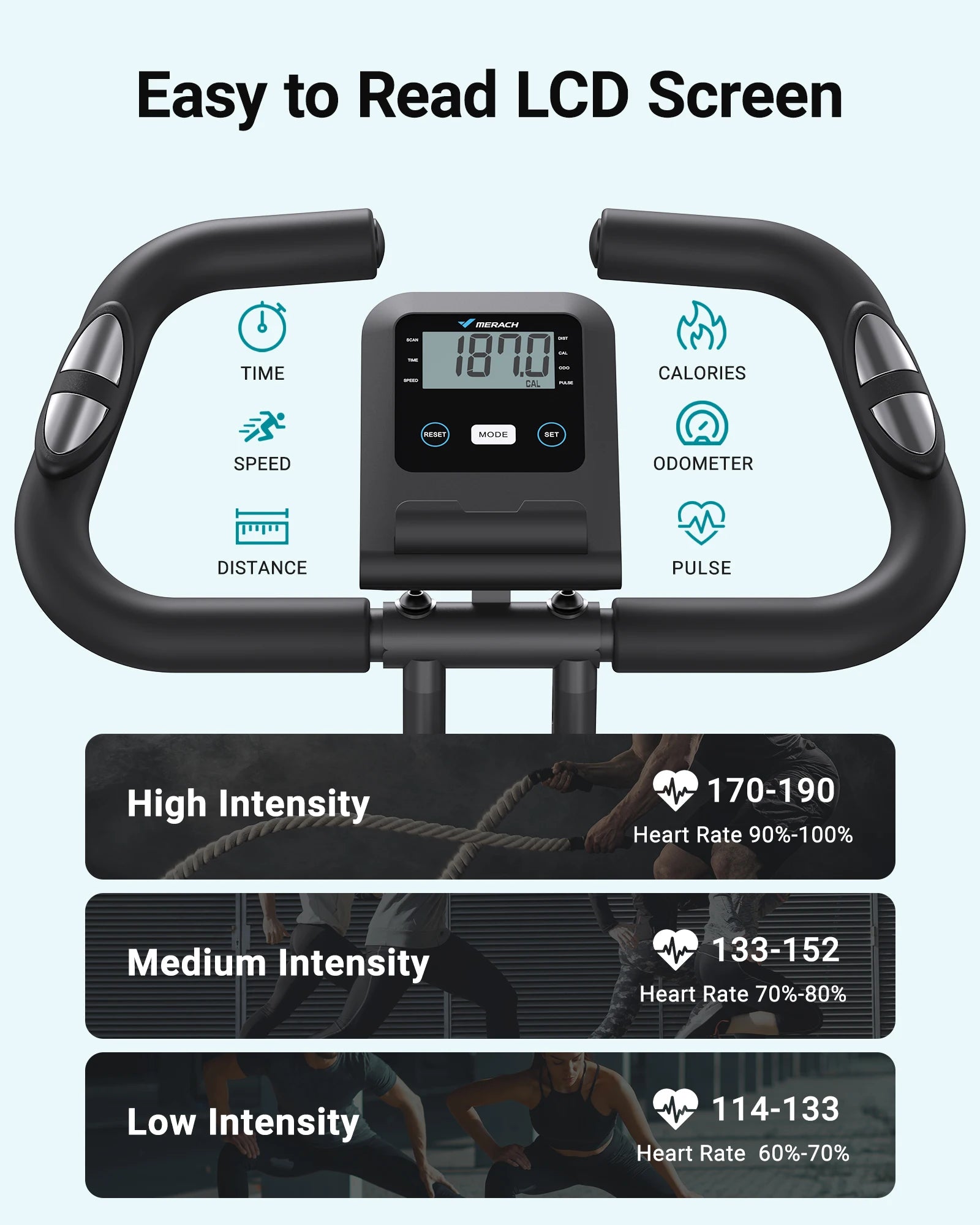 Exercise bike with digital display showing workout metrics and intensity levels.