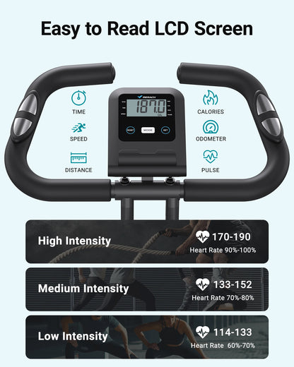 Exercise bike with digital display showing workout metrics and intensity levels.
