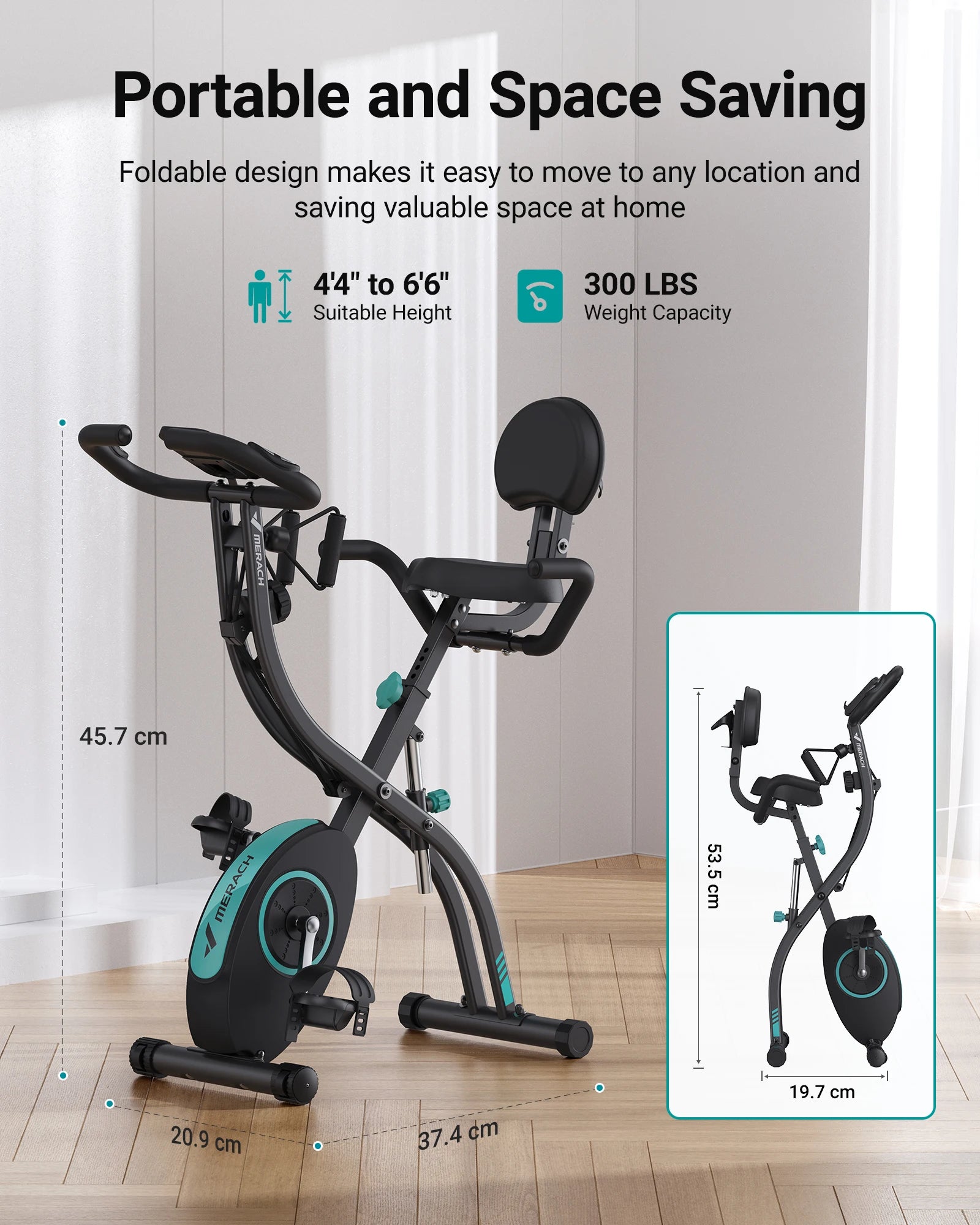 Foldable exercise bike with dimensions and weight capacity details on a wooden floor.