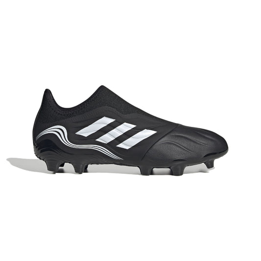 Adidas black football boots with white stripes and textured synthetic upper