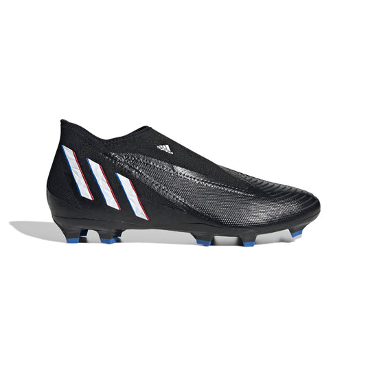 Adidas black FG football boots with textured upper, blue studs, and white/blue side stripes