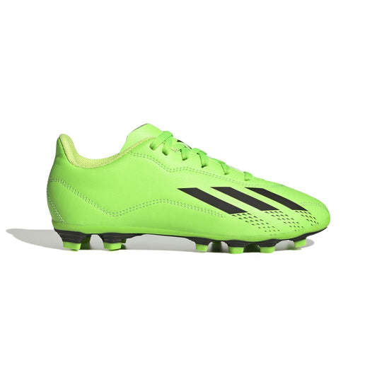 Kids football boots in neon green with black 3-stripe detail and molded studs (FG)