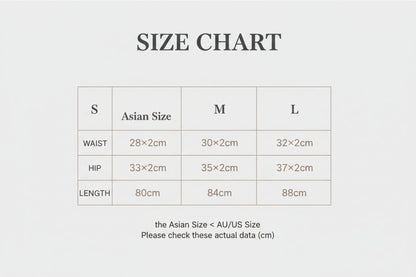 Size chart for clothing measurements in centimeters